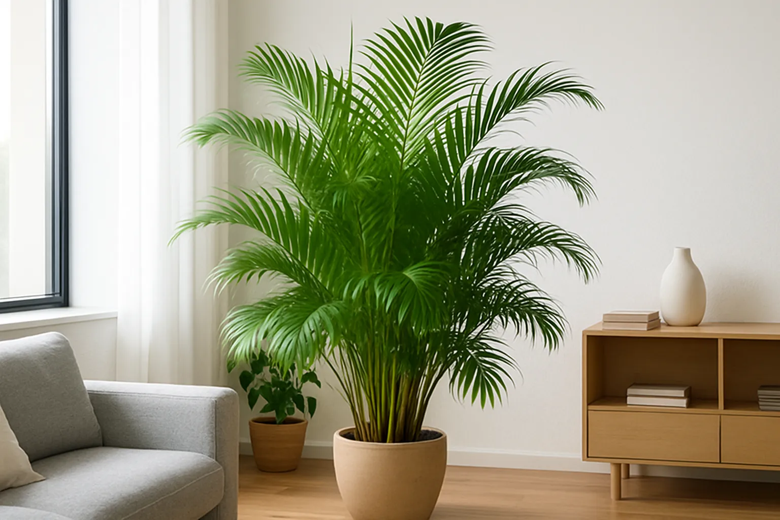 明るい室内で元気に育つアレカヤシの観葉植物