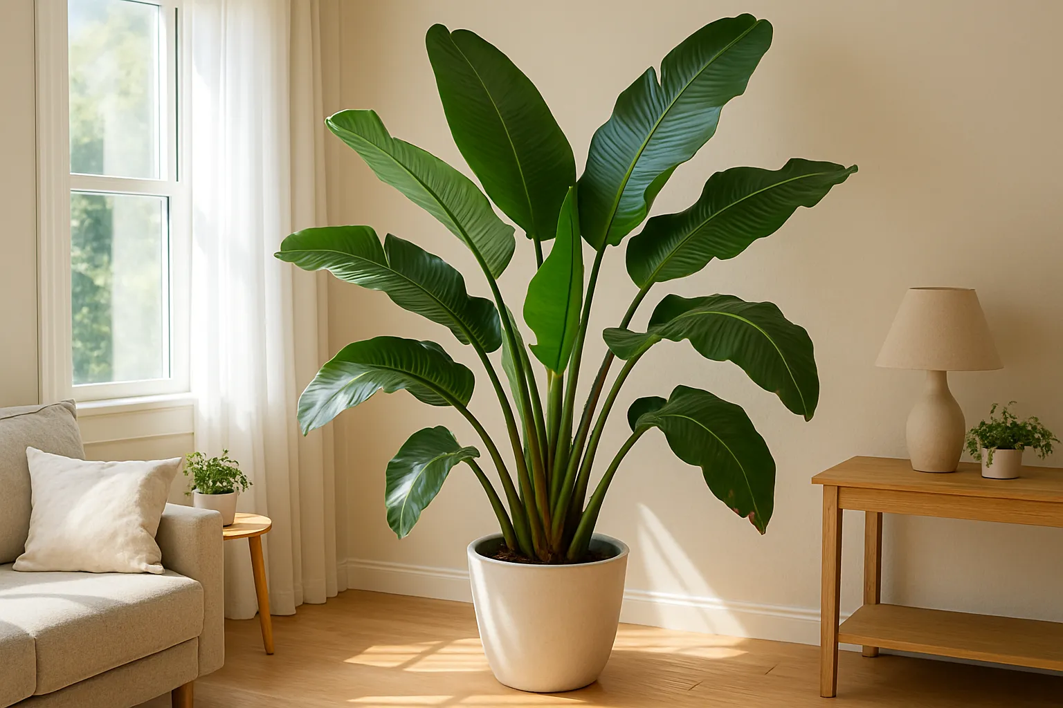 日当たりの良い室内に置かれた大きなオーガスタの観葉植物