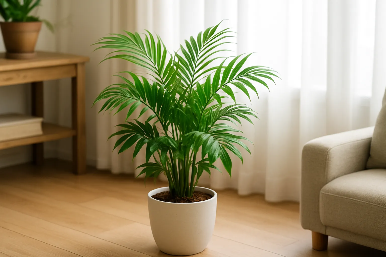 明るい室内に置かれた元気なテーブルヤシの鉢植え