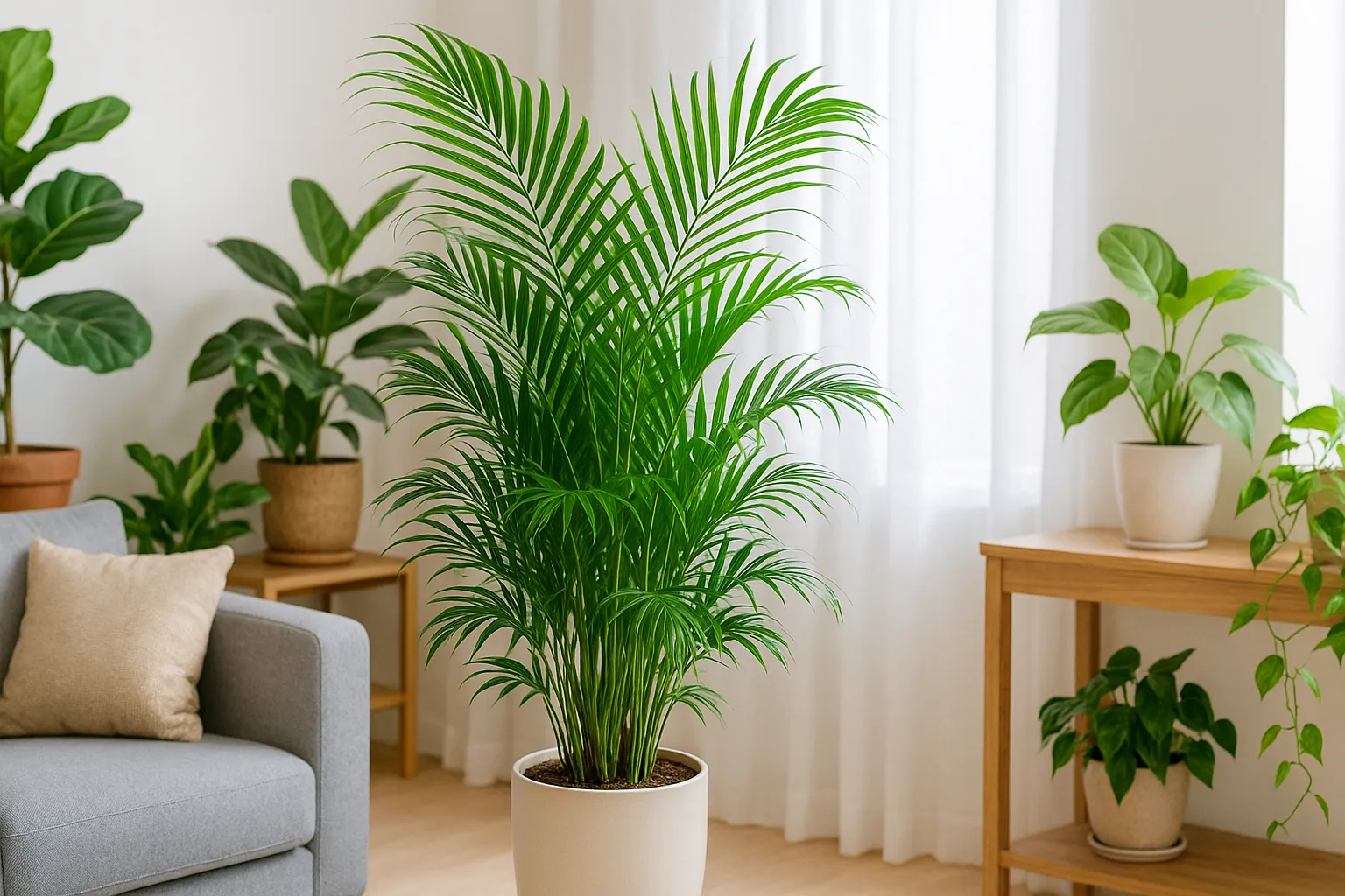 明るい室内で美しく育つテーブルヤシと観葉植物の風景