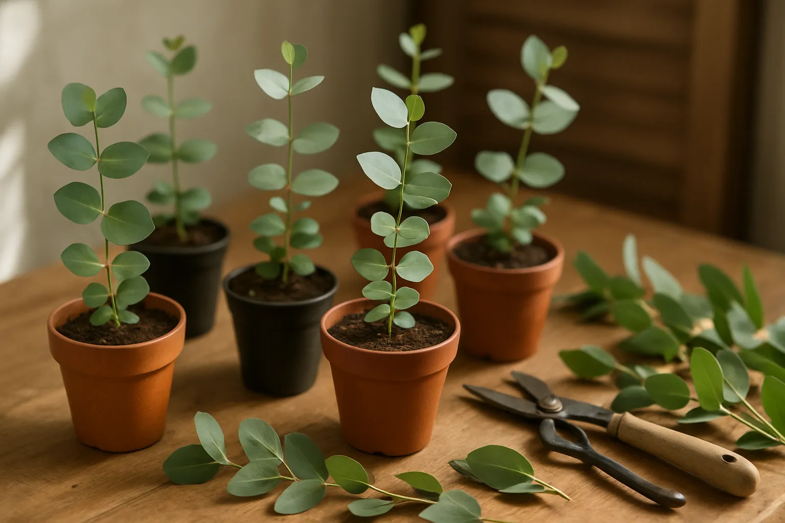 小さな鉢に植えられたユーカリ グニーと園芸用具のリアルな写真