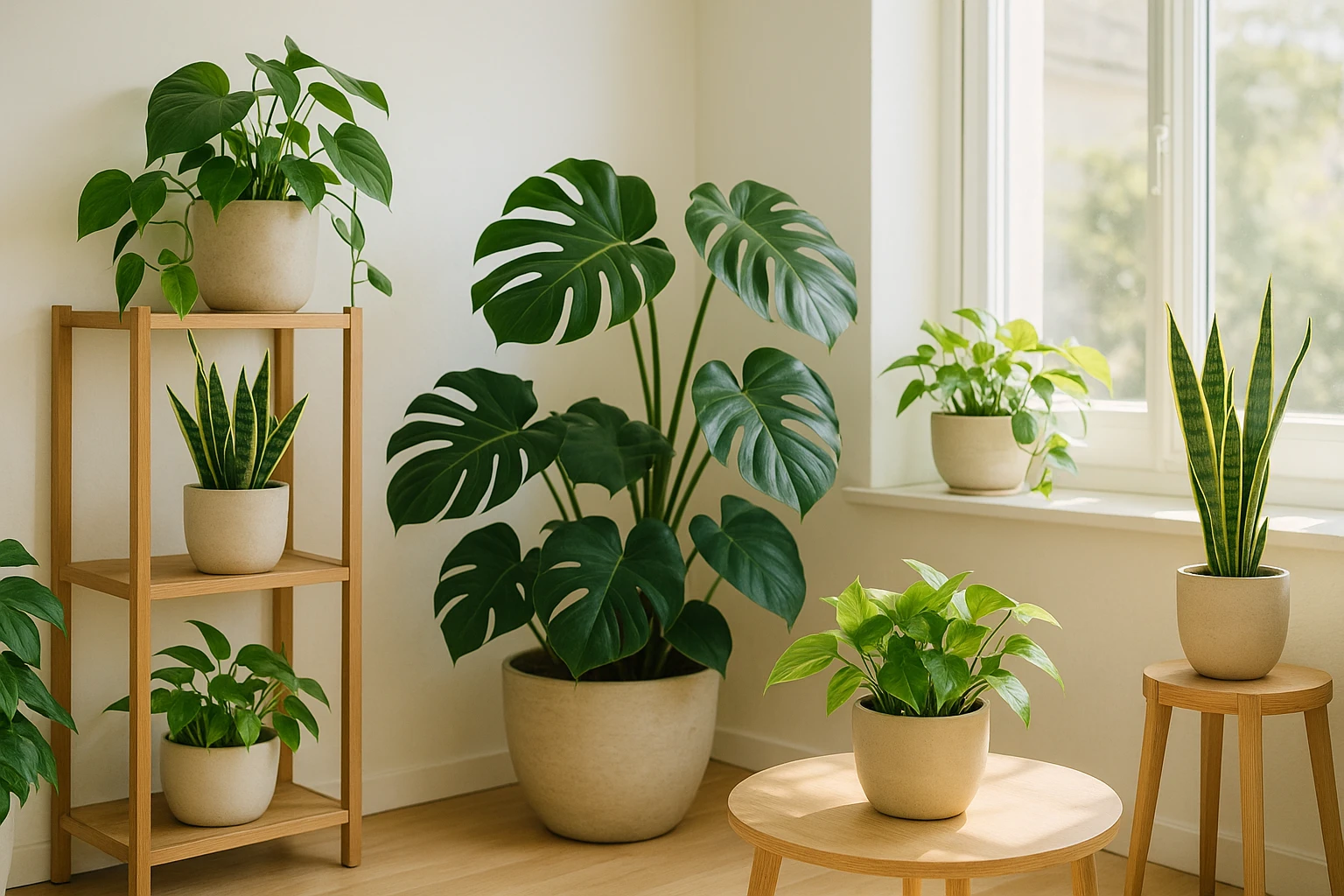 日当たりの良い部屋に並べられたモンステラやポトスなどの元気な観葉植物の様子