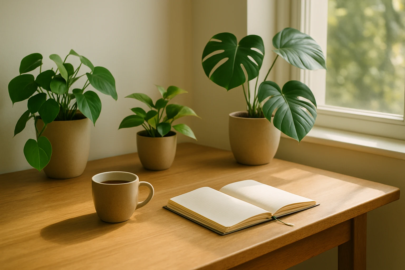観葉植物が置かれた木のデスクとノートが並ぶ、日差しの差し込む落ち着いた室内ワークスペースの風景
