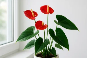 明るい窓辺に置かれた健康的なアンスリウムの鉢植え。赤い花と艶のある緑の葉が美しく映える室内の様子