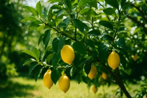 太陽の光を浴びて実るレモンの木と黄色い果実の写真