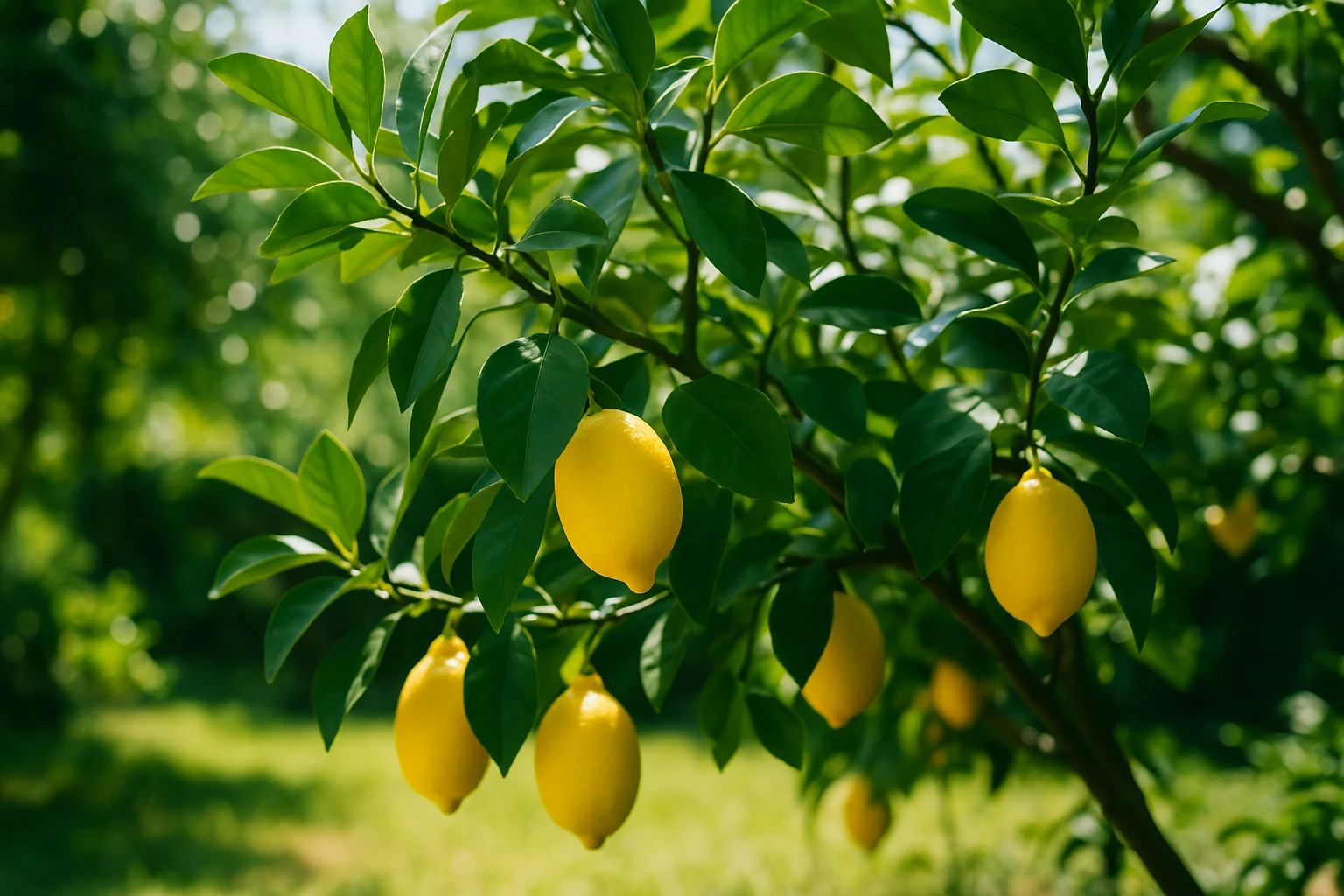 太陽の光を浴びて実るレモンの木と黄色い果実の写真