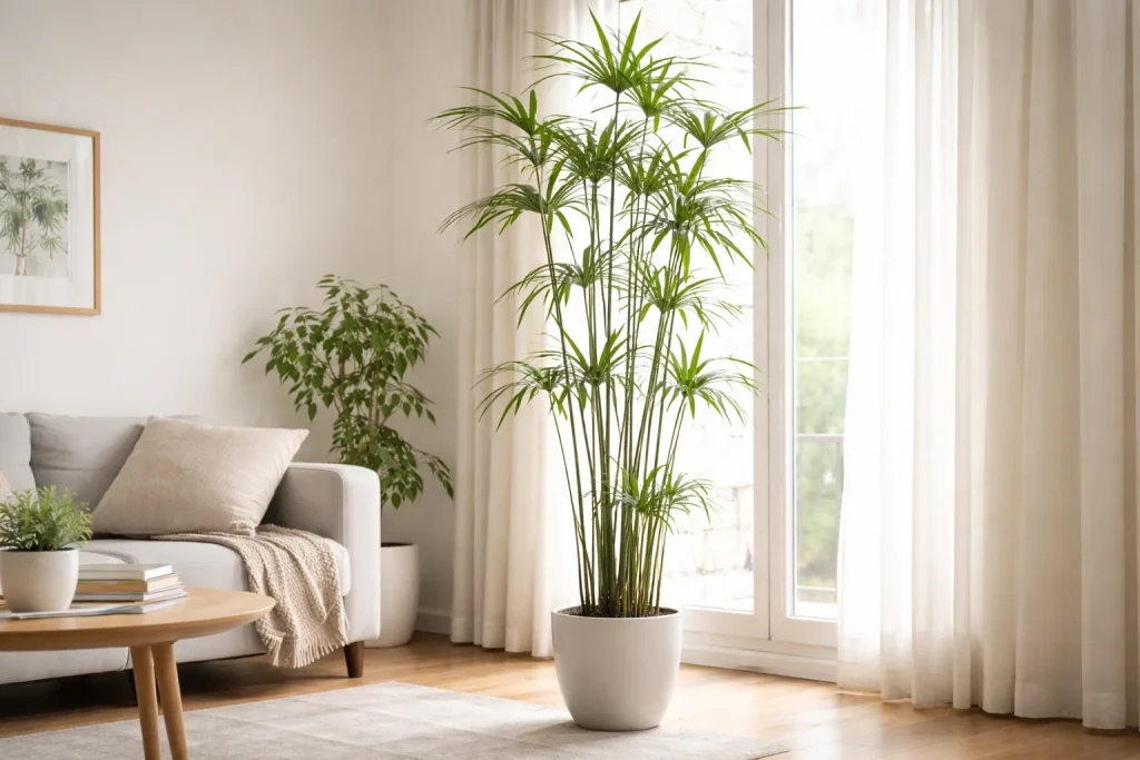 シュロチクが室内で伸びすぎてひょろ長くなっている様子の写真