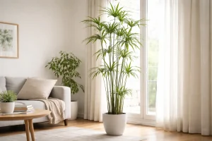 シュロチクが室内で伸びすぎてひょろ長くなっている様子の写真