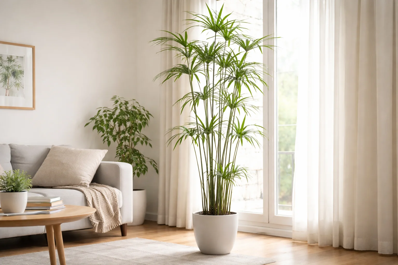 シュロチクが室内で伸びすぎてひょろ長くなっている様子の写真